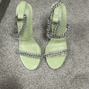 Cape Robbin Green High Heel Sandals w/ Silver Chain Incrusted Rhinestones